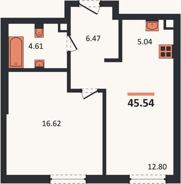 Планировка: 1-к, 45,5 м²