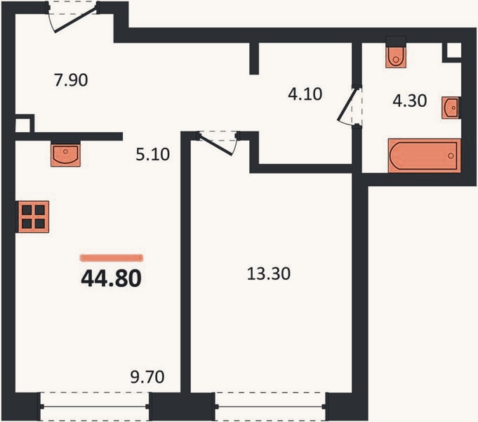 Планировка: 1-к, 44,8 м²