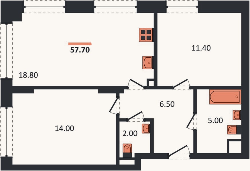 Планировка: 2-к, 57,7 м²