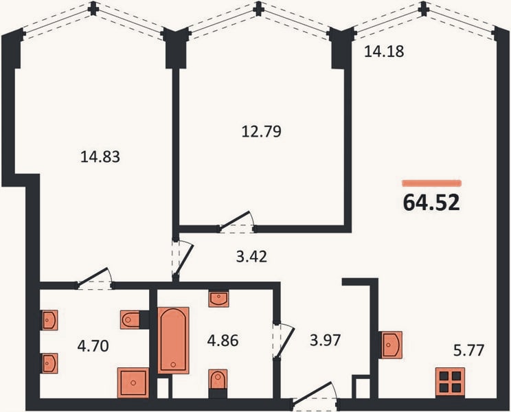 Планировка: 2-к, 64,5 м²