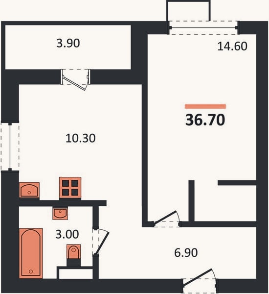 Планировка: 1-к, 36,7 м²