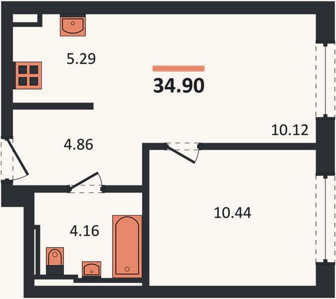 Планировка: 1-к, 34,9 м²