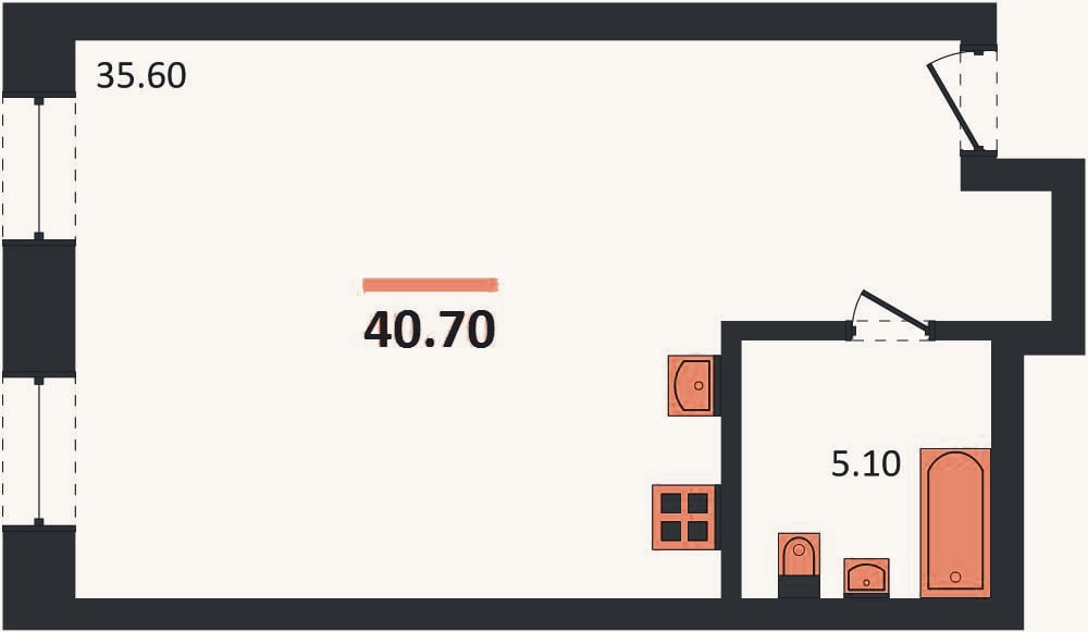 Планировка: Студия, 40,7 м²