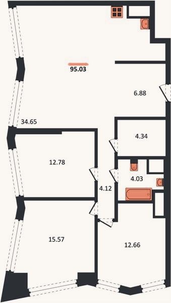 Планировка: 3-к, 95 м²