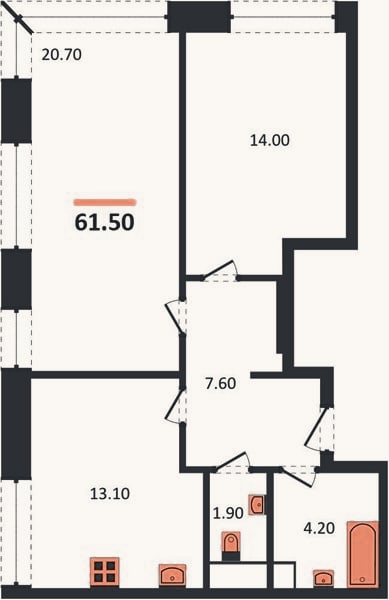 Планировка: 2-к, 61,5 м²