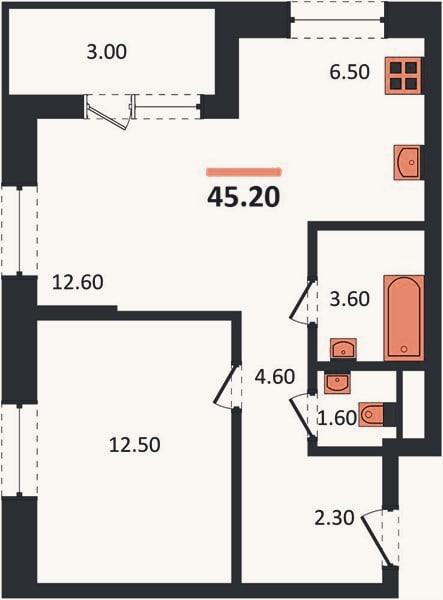 Планировка: 1-к, 45,2 м²
