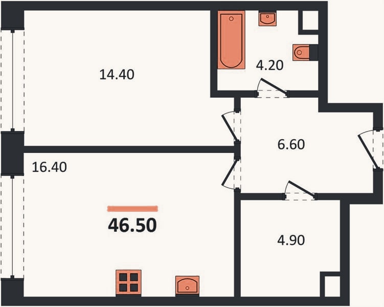 Планировка: 1-к, 46,5 м²