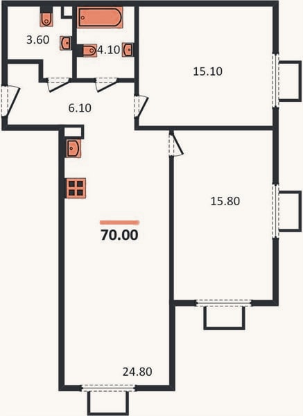 Планировка: 2-к, 70 м²