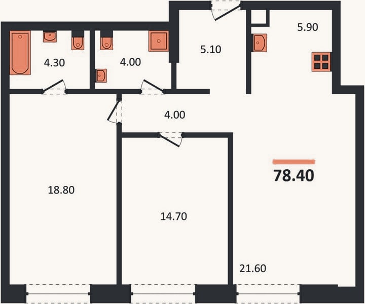 Планировка: 2-к, 78,4 м²
