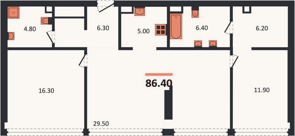Планировка: 2-к, 86,4 м²