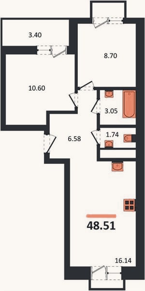 Планировка: 2-к, 48,5 м²