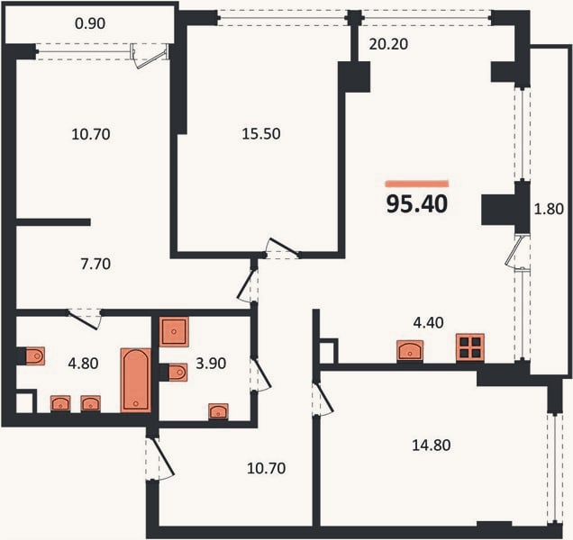 Планировка: 3-к, 95,4 м²