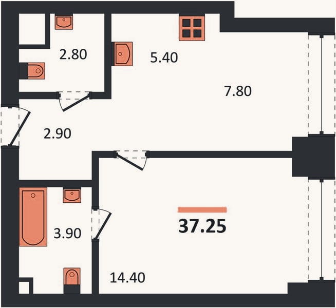 Планировка: 1-к, 37,3 м²