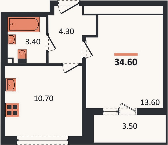 Планировка: 1-к, 34,6 м²