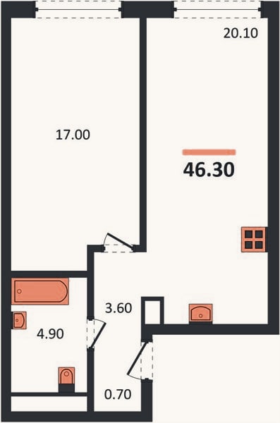Планировка: 1-к, 46,9 м²