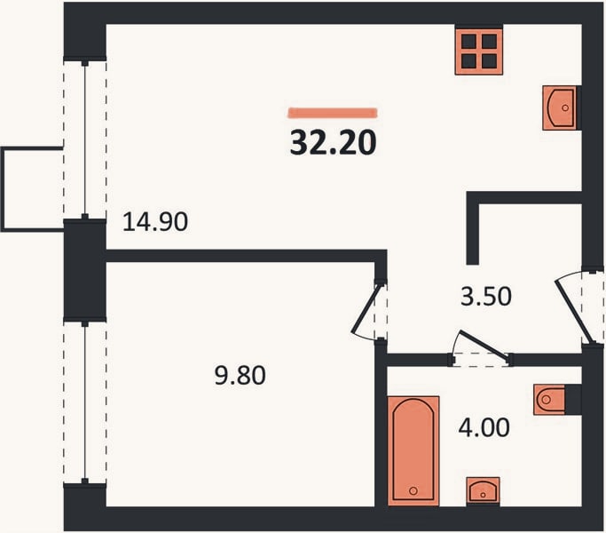 Планировка: 1-к, 32,2 м²