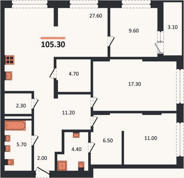 Планировка: 3-к, 105,3 м²
