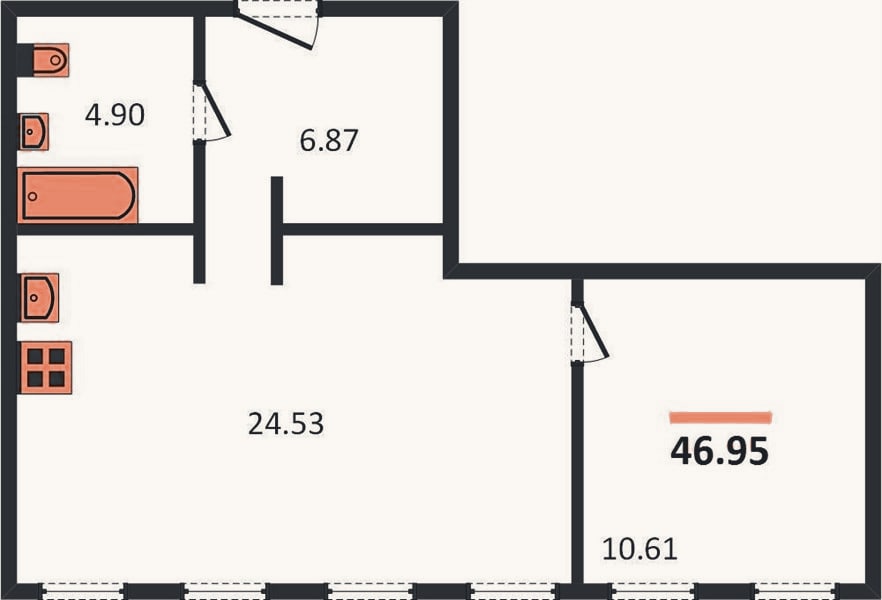 Планировка: 1-к, 46,3 м²