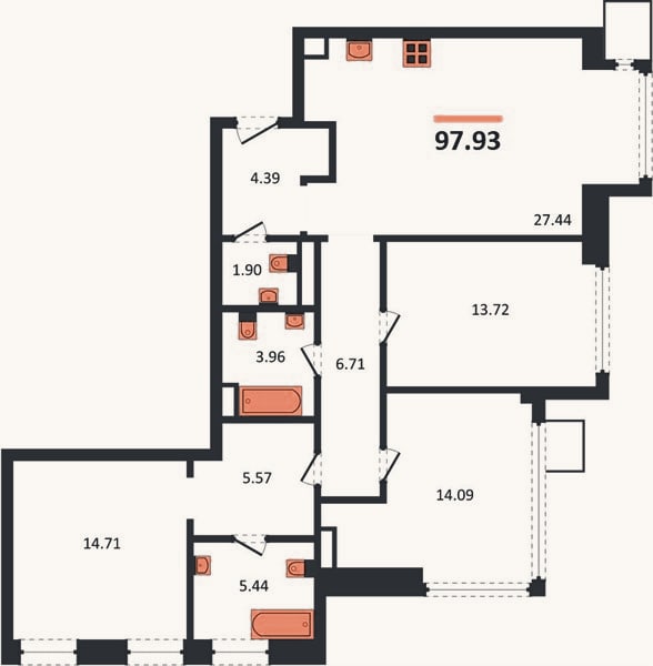 Планировка: 3-к, 97,9 м²