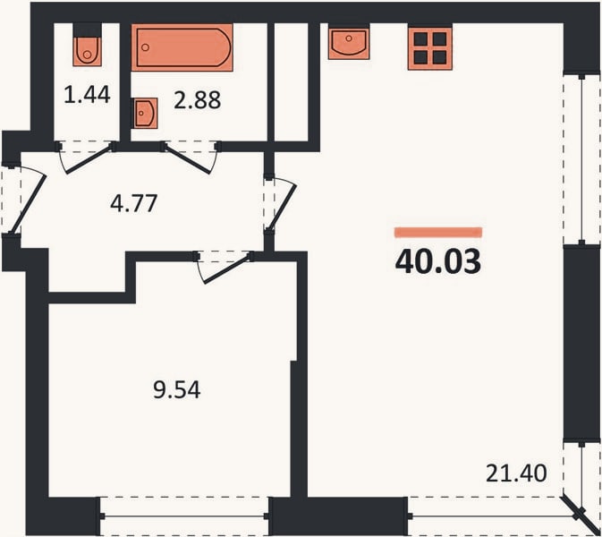 Планировка: 1-к, 40 м²