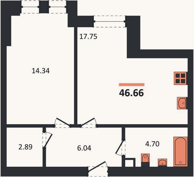 Планировка: 1-к, 46,7 м²