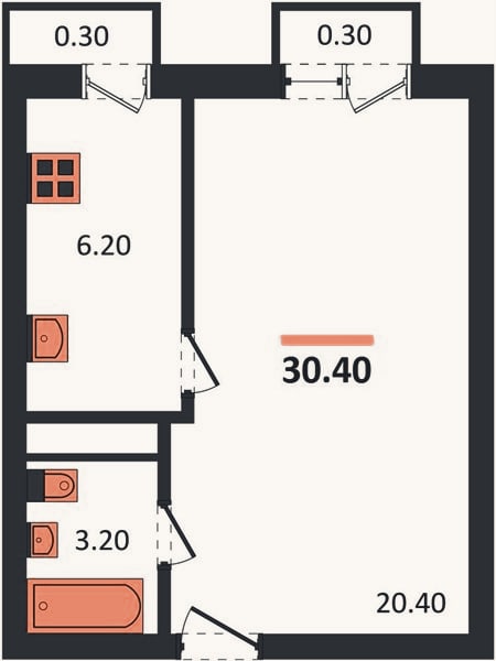 Планировка: 1-к, 30,4 м²