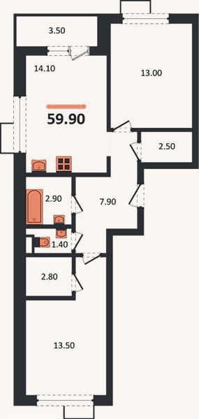 Планировка: 2-к, 59,9 м²