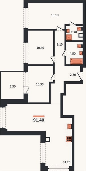 Планировка: 3-к, 91,4 м²