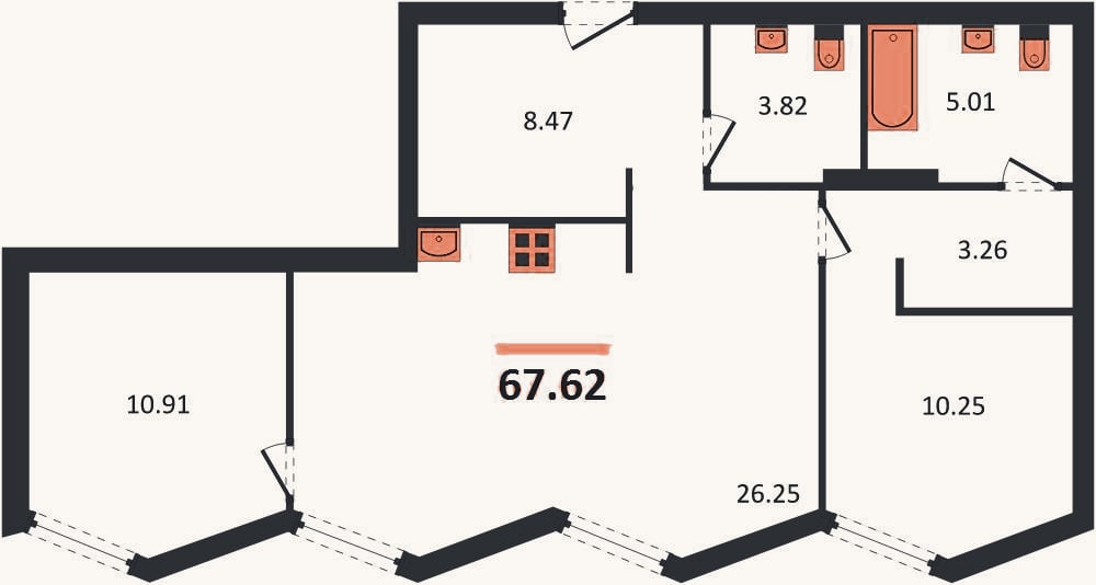 Планировка: 2-к, 67,6 м²