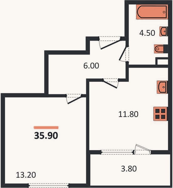 Планировка: 1-к, 35,9 м²