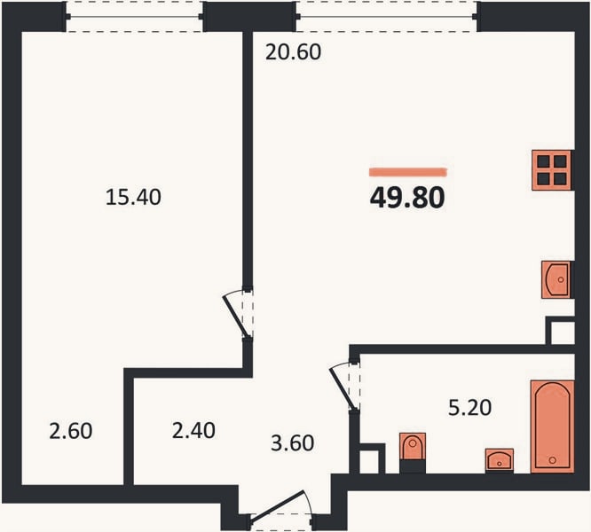 Планировка: 1-к, 49,8 м²
