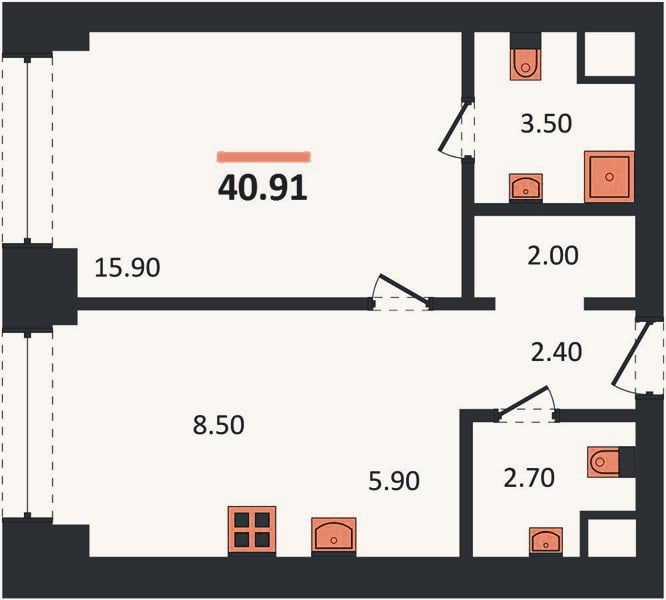 Планировка: 1-к, 40,9 м²