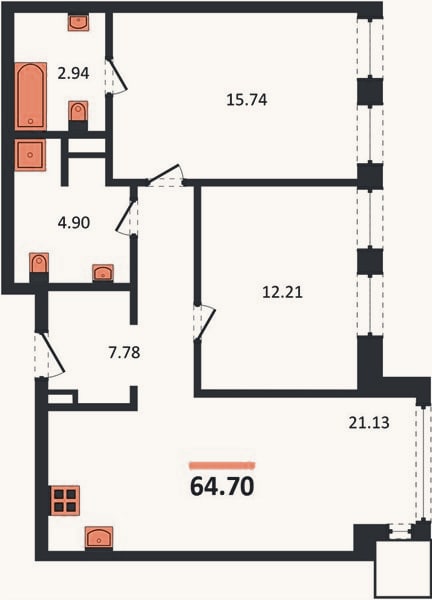 Планировка: 2-к, 64,7 м²