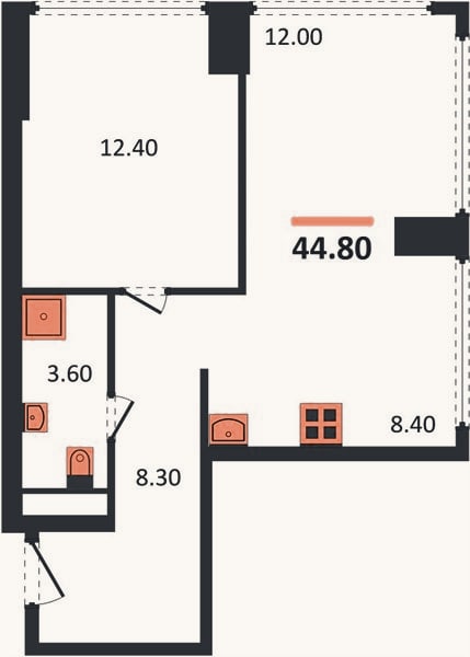 Планировка: 1-к, 44,8 м²