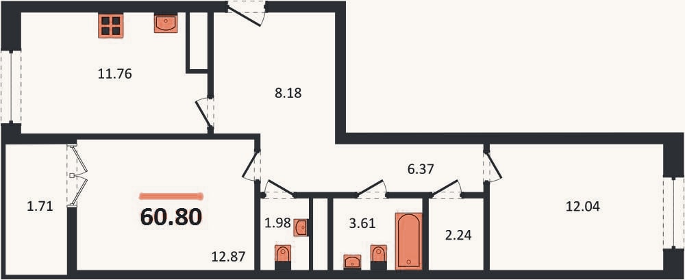Планировка: 2-к, 60,8 м²