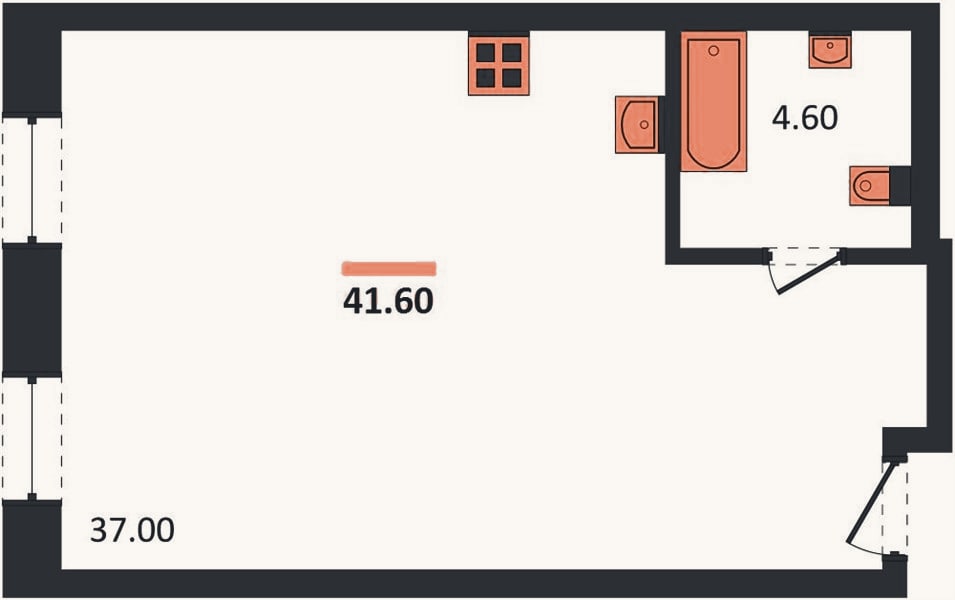 Планировка: Студия, 41,6 м²