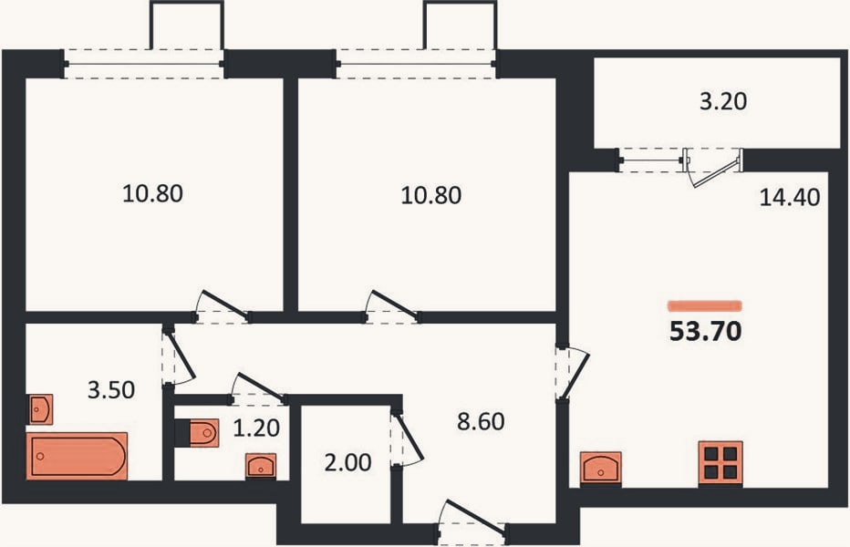 Планировка: 2-к, 53,7 м²