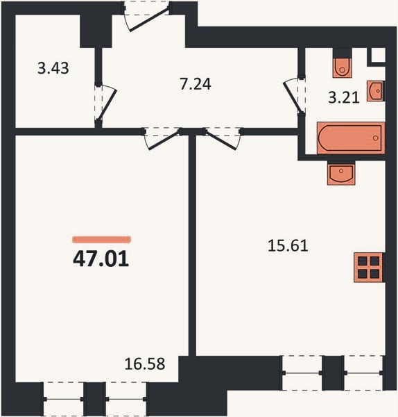 Планировка: 1-к, 47 м²