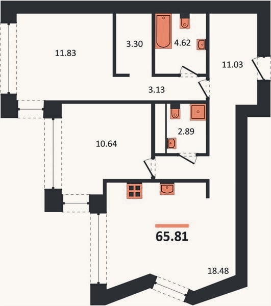 Планировка: 2-к, 65,8 м²