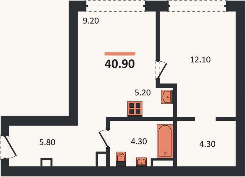 Планировка: 1-к, 41,4 м²