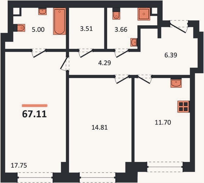 Планировка: 2-к, 67,1 м²