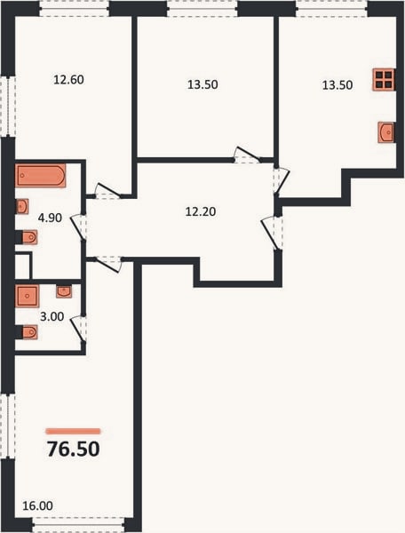Планировка: 3-к, 76,5 м²
