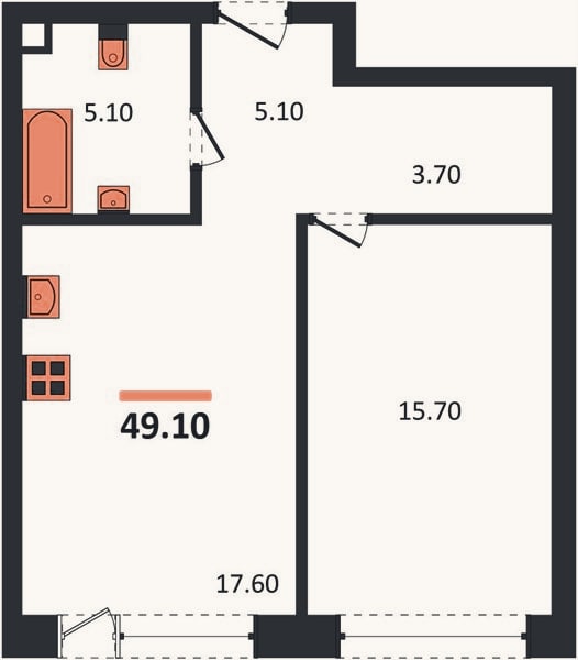 Планировка: 1-к, 49,1 м²