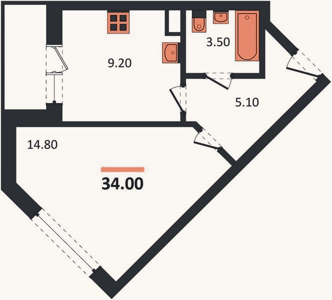 Планировка: 1-к, 34 м²