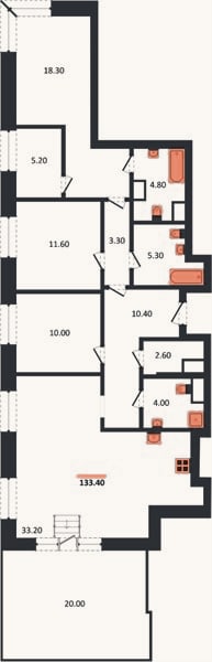Планировка: 3-к, 133,3 м²