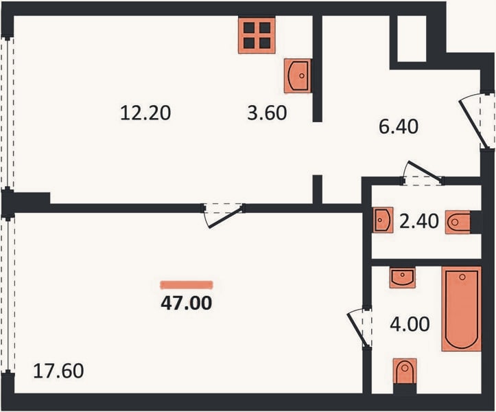 Планировка: 1-к, 47 м²