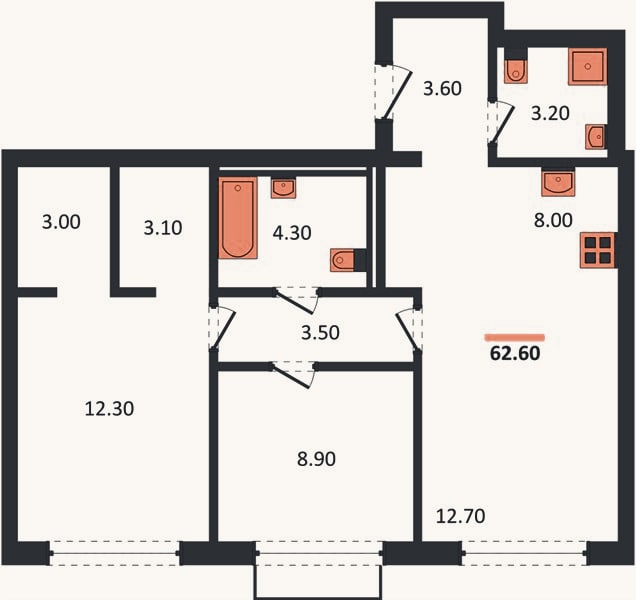 Планировка: 2-к, 62,6 м²