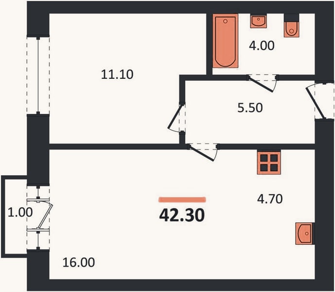 Планировка: 1-к, 42,3 м²