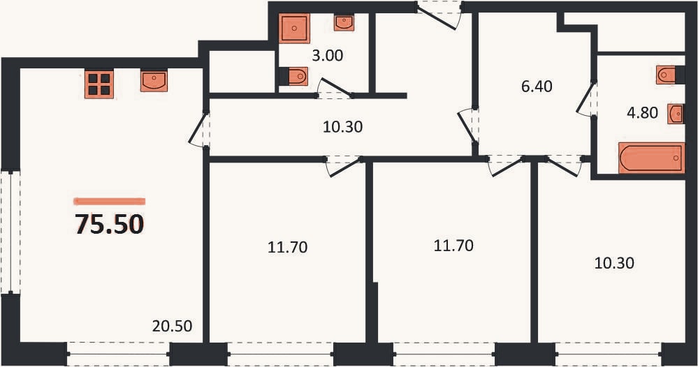 Планировка: 3-к, 75,1 м²