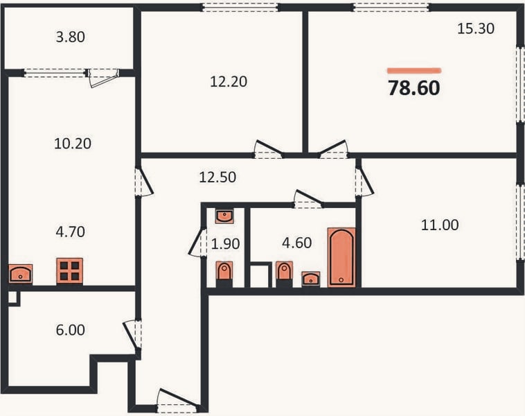 Планировка: 3-к, 78,6 м²